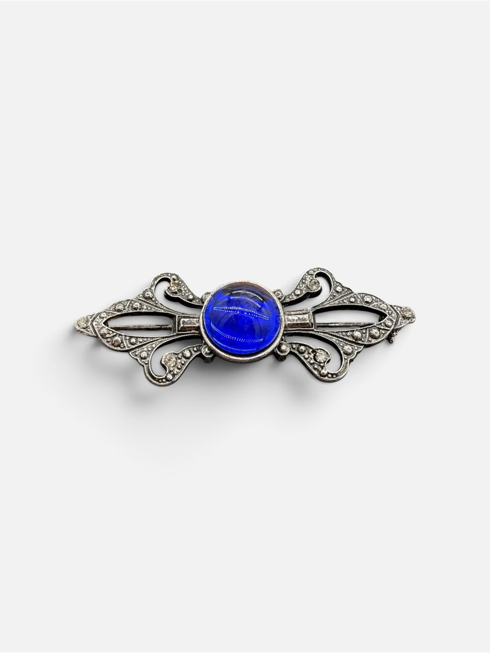 Vintage Silver Bar Brooch with Cobalt Blue Cabochon